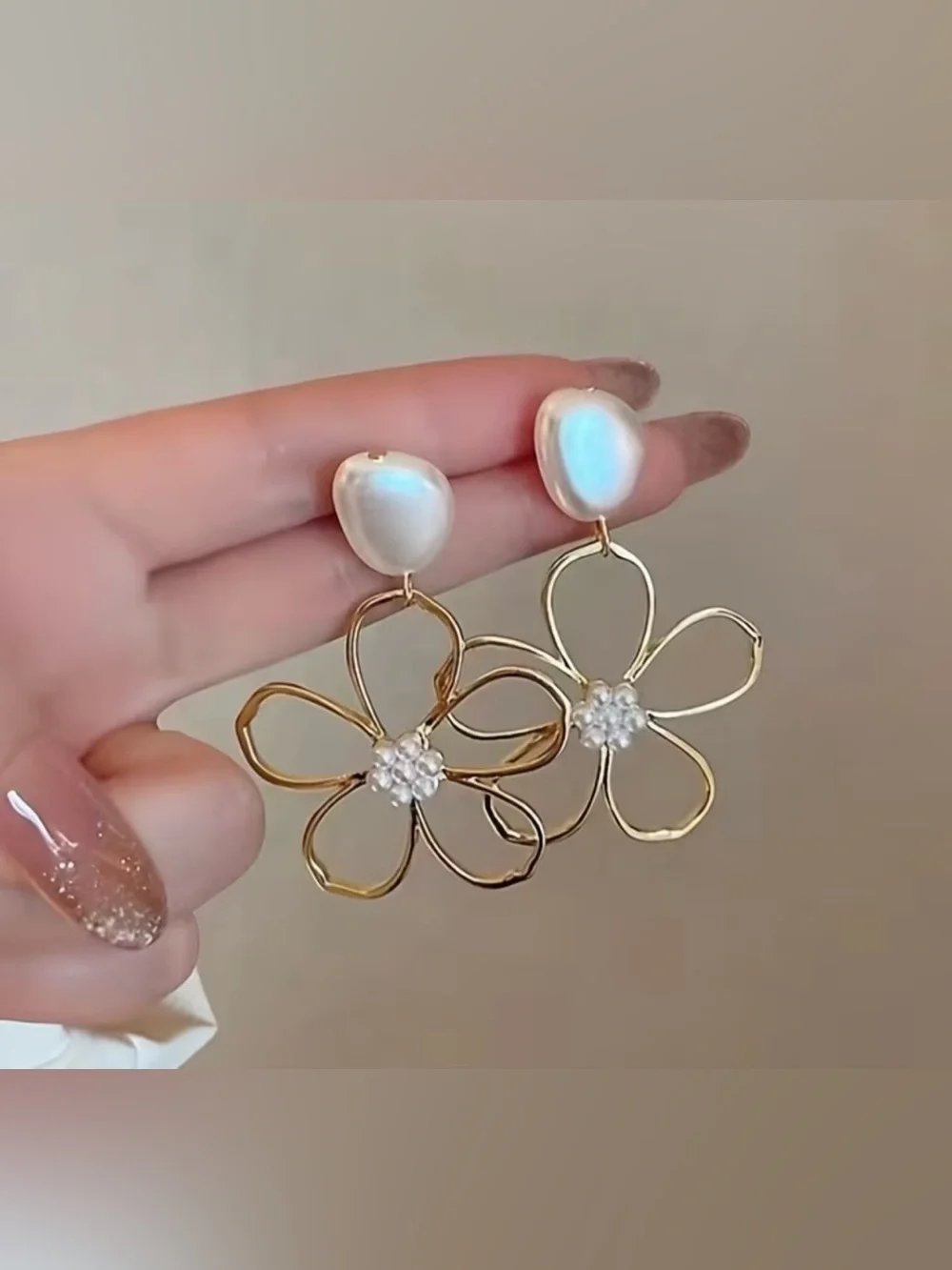 Gold Flower Drop Earrings with Pearl Accent - Elegant Women’s Jewelry